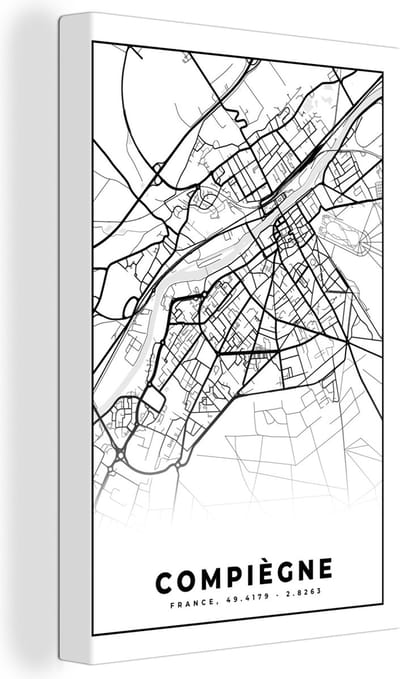 Canvas Schilderij Plattegrond - Compiègne - Frankrijk - Stadskaart - Kaart - Zwart wit - 20x30 cm - Wanddecoratie