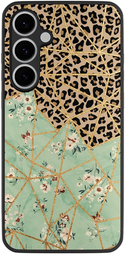 Leuke Telefoonhoesjes - Hoesje geschikt voor Samsung Galaxy S24 FE - Luipaard bloemen print - Backcover zwart - Print / Illustratie - Multi