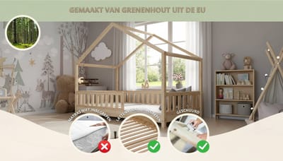 Cabin Bed 200x120 cm Kinderbed – Montessori Vloerbed met Veiligheidsbarrière en Lattenbodem – Verstelbare Poten & Afneembare Bedrail – Massief Grenenhout Scandinavisch Huisbed – Natuurlijk Hout – Casa Velluto Nordic DreamHouse