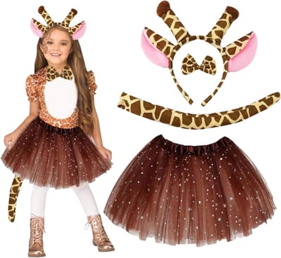 4-delig Giraffe Kostuum voor Kinderen, Dieren Kostuum, Cosplay Outfit met Tutu Rok, Strik, Staart en Hoofdband voor Halloween, Carnaval en Themafeesten