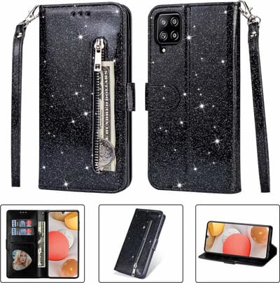 Portemonnee Hoesje - Wallet Case - Rits Sparkly Glitter - Telefoonhoes met Kord Geschikt voor: Samsung Galaxy A42 - Zwart
