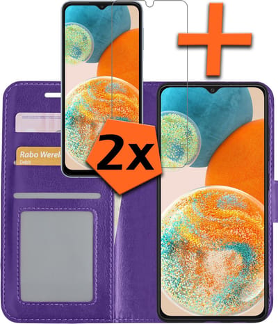 Hoes - Met 2x Screenprotector - Geschikt voor Samsung Galaxy A23 - Luxe Pasjeshouder - Bookcase Portemonee - Flip Case - Kunstleer Book Case - Flipcase Hoes - Book Cover - Walletcase - PortemonneeHoes - Paars