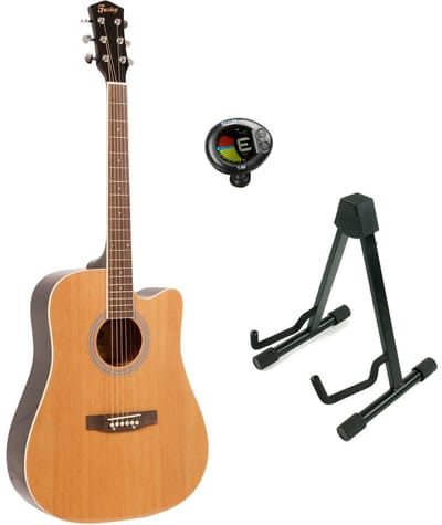 Akoestische western gitaar naturel + statief + stemapparaat Fazley W40-NT