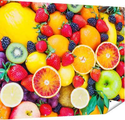Gards Tuinposter Kleurrijke Fruit Achtergrond - 150x120 cm - Tuindoek - Tuindecoratie - Wanddecoratie buiten - Tuinschilderij
