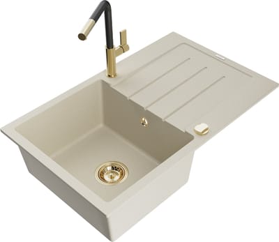 Mexen Bruno granieten gootsteen 1-komorige met afdruiprek en keukenkraan Flora, beige - 6513-69-670401-57-G