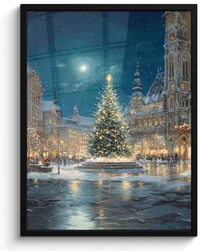 Poster in lijst - Fotolijst 60x80 cm - Posters - Kerstnacht - Stadsplein - Meerkleurig - Posterlijst zwart - Decoratie - Wanddecoratie woonkamer - Muurdecoratie slaapkamer - Kerstversiering - Kerstdecoratie voor binnen - Kerstmis