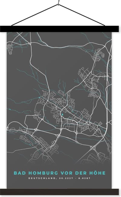 Posterhanger incl. Poster 40x60 cm - Schoolplaat - Stadskaart – Kaart – Bad Homburg vor der Höhe – Blauw – Duitsland – Plattegrond - Textielposter - Zwarte latten - Stadskaart