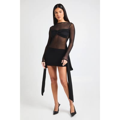boohoo Dames Minijurk in mesh met wikkelstijl en knoopdetail | Zwart | Maat: 38