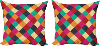 ABAKUHAUS Kleurrijke decoratieve kussenhoez 2-pack, verweerd ruitpatroon, 60x60 cm, turquoise, paars, rood