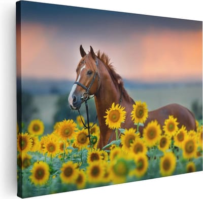 Artaza Canvas Schilderij Paarden - 40x30 cm - Klein - Wanddecoratie Dieren - Muurdecoratie Zonnebloem - Kamer Accessoires Woonkamer