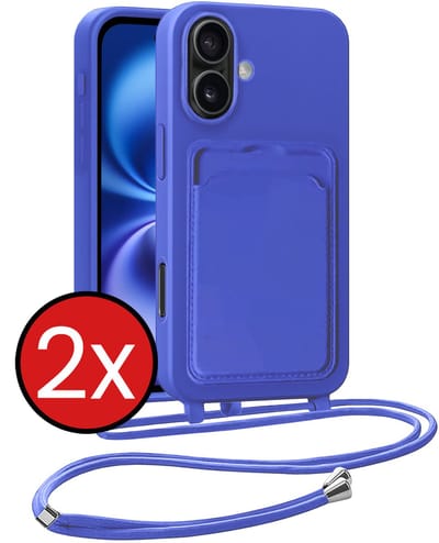 Hoesje Geschikt voor iPhone 16 Plus Hoesje Met Telefoonkoord en Pasjeshouder Siliconen - Hoes Geschikt voor iPhone 16 Plus Hoesje Met Kaarthouder Case - Felblauw - 2 PACK