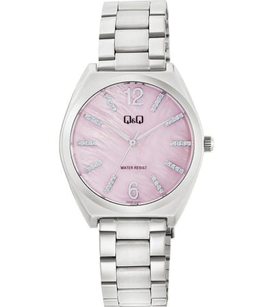 Q&Q Q90B-002PY - Horloge - Polshorloge - Analoog - Dames - Vrouwen - stalen band - Overig - Metaal - Cijfers - Strepen - Zilverkleurig - Roze