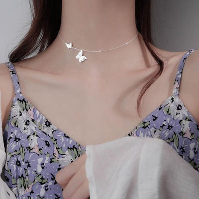 Choker Kettingen voor Vrouwen 925 Zilver Dubbele Vlinder Elegante Bedel Hangers Ketting Statement Sieraden dz693 gray