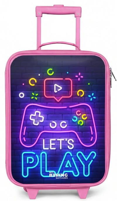NoBoringSuitcases.com® - Kinderkoffer roze - Kindertrolley meisje - Neoncontroller tegen een bakstenen muur - Koffer kind lichtgewicht - Reiskoffer trolley voor kinderen - Koffertje met lichtgevende wieltjes - Rolkoffer