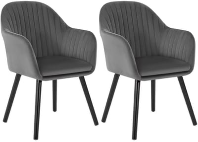 Set van 2 Fluwelen Eetkamerstoelen met Armleuningen – Ergonomische Gestoffeerde Keukenstoelen – Comfortabele Stoelen voor Woonkamer of Restaurant - Velvet Grijs met Zwarte Poten