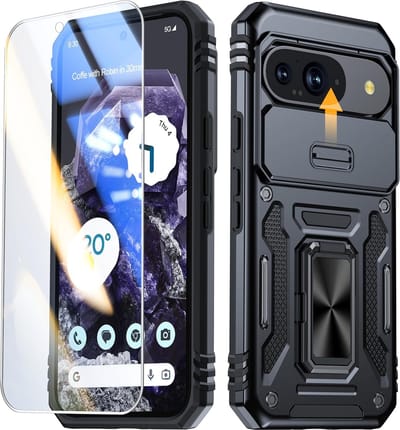 Geschikt voor Google Pixel 9 / Pixel 9 Pro - Camerabescherming - 360° Draaibare Metalen Standaard - 1x Screenprotector - Back Cover Hoesje - Zwart