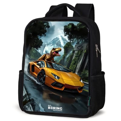 NoBoringSuitcases.com® - Rugzak zwart - Schooltas jongen & meisje - T-Rex op oranje sportauto in regenachtig woud - Rugtas voor school - Boekentas kind - Schoolrugzak - Kinderrugzak