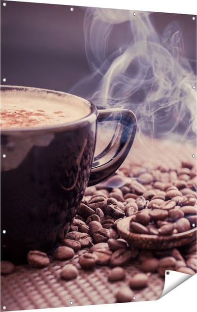 Gards Tuinposter Hete Koffie Kop met Koffiebonen - 120x160 cm - Tuindoek - Tuindecoratie - Wanddecoratie buiten - Tuinschilderij