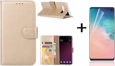 Ntech Hoesje Geschikt Voor Samsung Galaxy S10 Book Hoesje Goud + PET Folie screenprotector