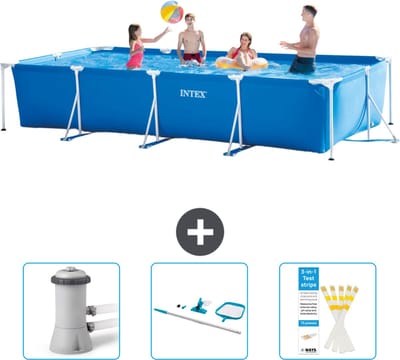 Intex Rechthoekig Frame Zwembad - 450 x 220 x 84 cm - Blauw - Inclusief Zwembadfilterpomp - Schoonmaakset - Testrips