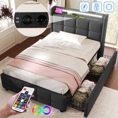 Opbergbed eenpersoonsbed met lades en USB - Voor tiener- en logeerkamer 90x200 cm - Grijs - 2 opberglades - 2 USB-poorten en 2 stopcontacten - LED-verlichting met afstandsbediening - Stabiel metalen frame tot 300 lbs
