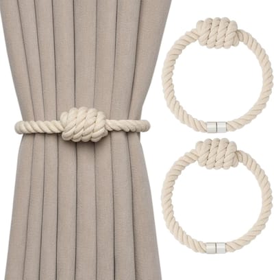 Set van 2 magnetische gordijnbinders van natuurlijk katoen, bohemian stijl, elegante handgeweven decoratieve gordijnbinders met knoop, geschikt voor gordijnen in huis en op kantoor (beige)