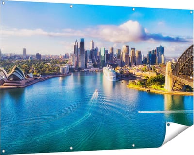 Gards Tuinposter Sydney Stad bij de Haven - 150x100 cm - Tuindoek - Tuindecoratie - Wanddecoratie buiten - Tuinschilderij
