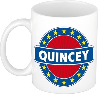 Bellatio Decorations - Quincey voornaam - koffiemok - beker - wit/blauw - 300 ml - Cadeau - Heren - Collega - Vaderdag - Verjaardag