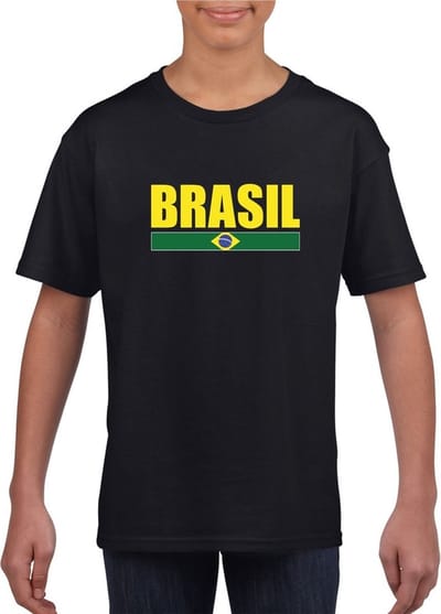 Zwart / geel Brazilie supporter t-shirt voor kinderen - Braziliaanse vlag shirts 110/116
