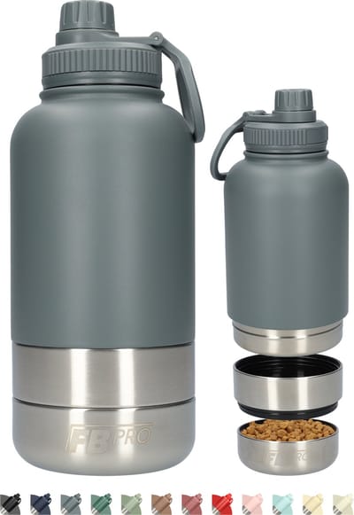 Honden drinkfles met voerbakken - Waterfles hond - Dubbelwandig - Thermosfles - Hondendrinkbak - Multifunctioneel - Hondenvoerbak - RVS Fles - Lekbestendige dop - BPA vrij - 1 Liter - Met handvat - Perfect voor onderweg - Grijs