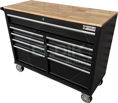E-Tools® | economy line Verrijdbare werkbank met houten werkblad - 117 cm - zwart