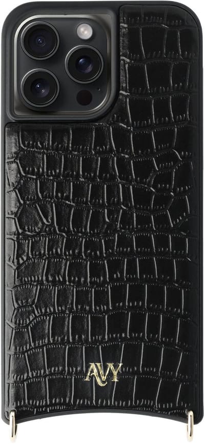 AVY Leren Hoesje geschikt voor Apple iPhone 15 Pro Max | Compatibel met MagSafe | Leather Case | Back Cover | Haakjes voor koord | Croco Zwart