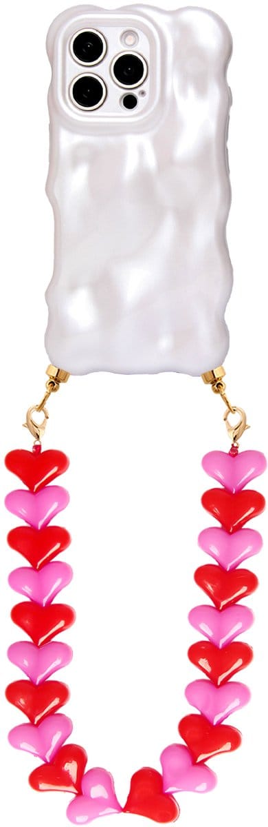 Casies Bubbly hoesje geschikt voor Apple iPhone 13 met rood roze harten koord - telefoonhoesje met chunky hartenkoord - Cord case - Wit