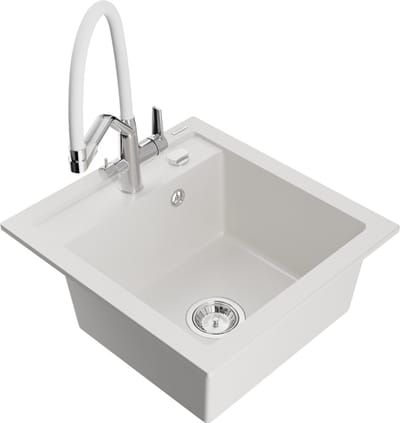 Mexen Vito granieten gootsteen 1-kamer met keukenkraan Duo, wit - 6503-20-671701-02