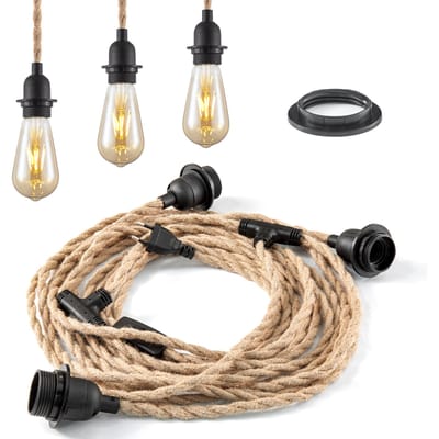 Vintage Hanglamp kit - 3-licht Linen Hanglamp met schakelaar 750 cm - Geschikt voor woonkamers en landhuizen - DIY kabel set met 3 x E27 lampfittingen - Geschikt voor lampenkappen