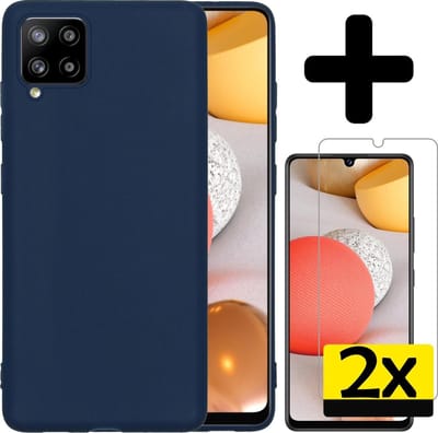 Hoesje - Met 2x Screenprotector - Geschikt voor Samsung Galaxy A42 - Sterk & Shockproof - Back Cover - Siliconen Case - Telefoon Hoes - Telefoonhoesjes - Donkerblauw