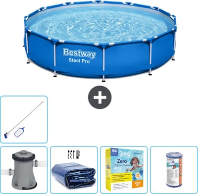 Bestway Rond Steel Pro Zwembad - 366 x 76 cm - Blauw - Inclusief Pomp Solarzeil - Onderhoudspakket - Filter - Schoonmaakset
