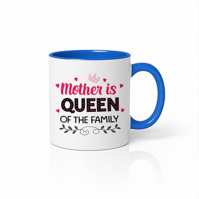 Mother is Queen of the Family Mok 330 ml – blauw-witte koffiemok met moeder quote design – Cadeau voor mama