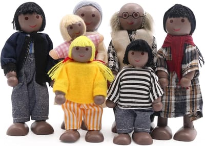 Familie poppen set - Houten poppenhuis poppen - Rollenspel stimuleren - Buigzame ledematen - 7 delig - Houtkleur