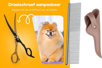 Professionele Hondenschaar – Ergonomische Kromme Trimschaar Rechts – Omhoog Gebogen – Zwart/Goud met Luxe Lederen Etui – 16,5 cm – Brons + Anti-Klit Kam – Pijnloos & Huisdiervriendelijk