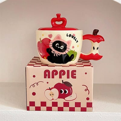 Verjaardagscadeau Appel Kat Mok met Deksel Keramische Kop Ontbijt Thuis Schattig Creatief Drinkbeker Kerst 350ML