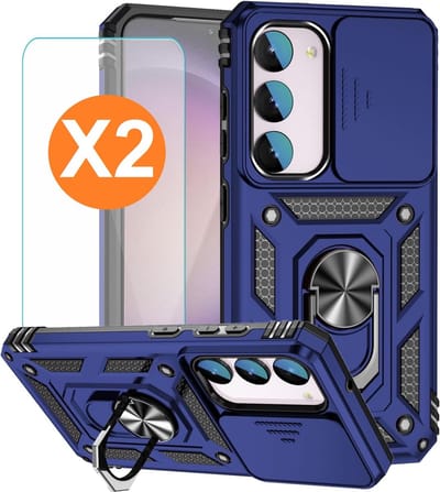 Hoesje Geschikt Voor Samsung Galaxy S23 FE hoesje backcover Blauw met Ring Houder en camera bescherming - Met Screenprotector - 2 stuks