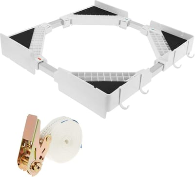 Omgoods- Stapelbouwset Verstelbaar - Rek - Haken - Touw - Antivibratiepads - Ratelriem voor 50-70 cm Wasmachines/Drogers - Wasmachine Droger Stapelset