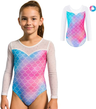 Joya Kids® Turnpakje Meisjes met Lange Doorzichtige Mouwen Mermaid Schubben met Scrunchie | Blauw en Roze met Glitters en Strass Steentjes Ballet pakje | Gymnastiekpakje | Turnen | Turn Pakje | Maat 110