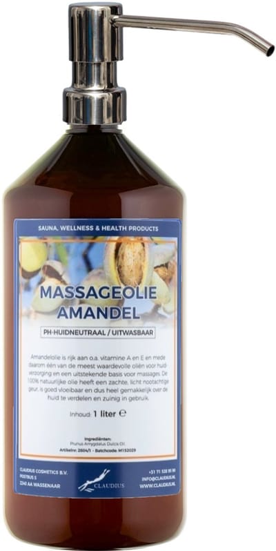 Massageolie Amandelolie 1 liter met zilveren pomp - 100% natuurlijk - biologisch en koud geperst