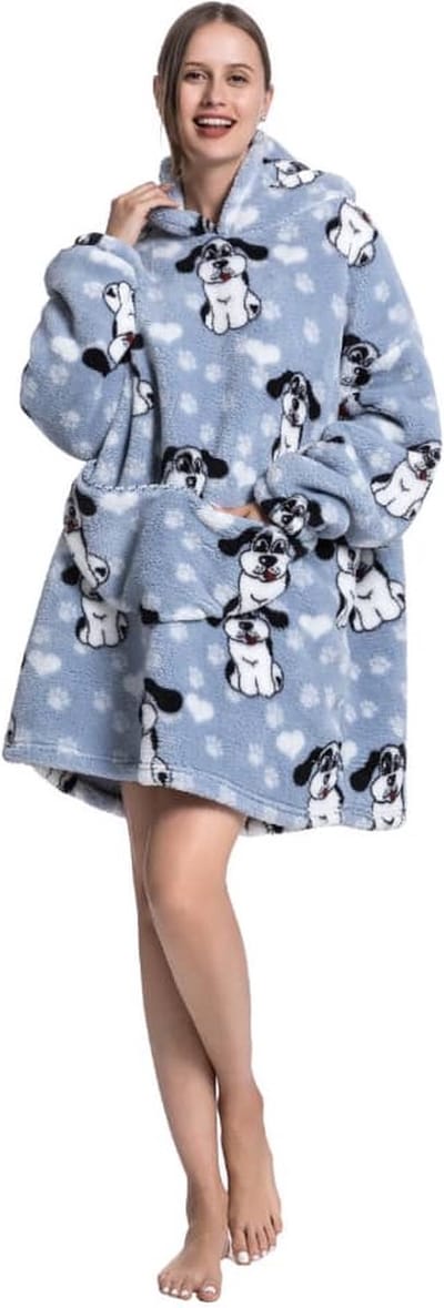 Badrock Hoodie deken - Honden fleece deken met mouwen en capuchon – fleece hoodie – fleece kleed met capuchon en mouwen – maat XS t/m XL – TV plaid met mouwen - 90 cm - chillen – relax outfit– lichtgrijs