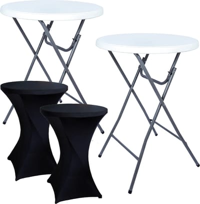 BRASQ Statafel Wit/Grijs – Ø80 cm – Set van 2 – Staantafel – Partytafel – Bartafel – Inclusief 2x Zwarte Statafelrok – Vouwtafel – Inklapbaar – Voor Binnen en Buiten – Kunststof en Metaal