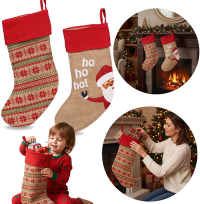 JUTE, cadeausok, KERSTSOK van de kerstman, decoratief voor op de schoorsteenmantel GROOT 48 cm - set 2 stuks