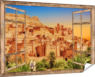 Gards Tuinposter Doorkijk Kasbah Ait Ben Haddou Stad in Marokko - 180x120 cm - Tuindoek - Tuindecoratie - Wanddecoratie buiten - Tuinschilderij