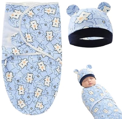 Baby Inbakerdoek met Hoedje – 100% Katoen – Lichtblauw met Beertjes – 65×51 cm – Voor Pasgeborenen 0–6 Maanden – Ademend & Verstelbaar – Babydeken & Slapen Wrap Set